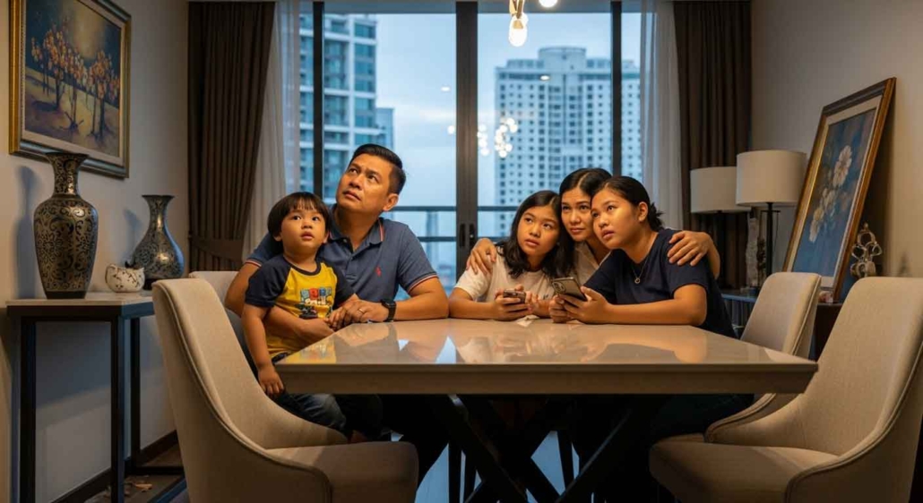 Family inside a condo during an earthquake