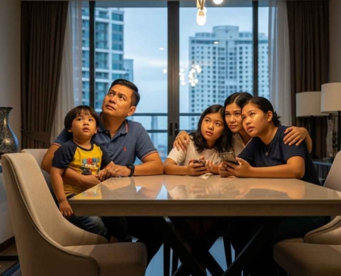 Family inside a condo during an earthquake